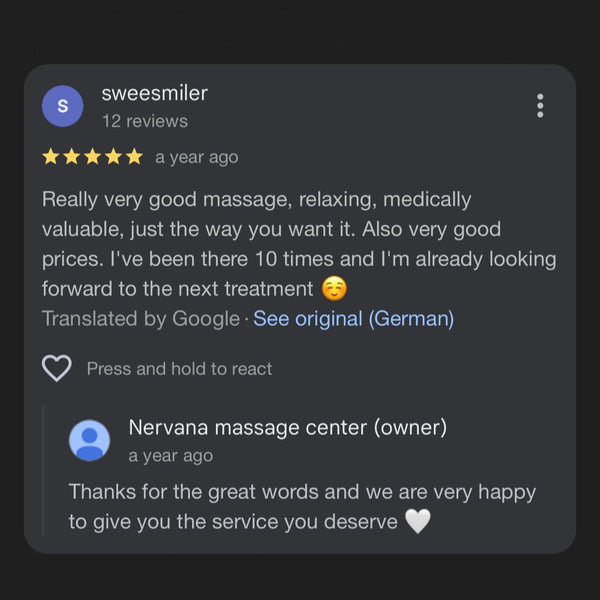 Facebook review post from Nervana massage center with user feedback and response.