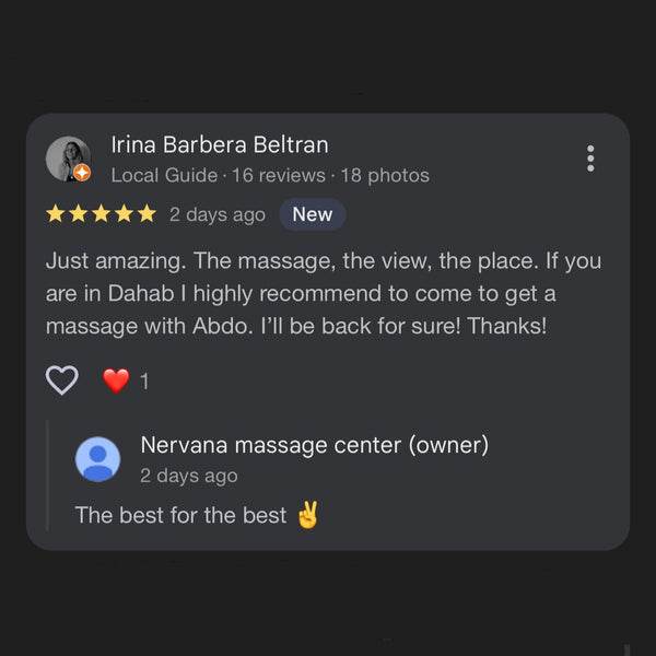 Customer review of Nervana massage center with a five-star rating and positive comments.